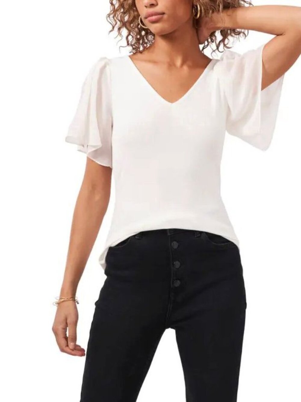 1. STATE Womens White Flutter Sleeve V-Neck Ribbed Pullover Blouse Top Size XL